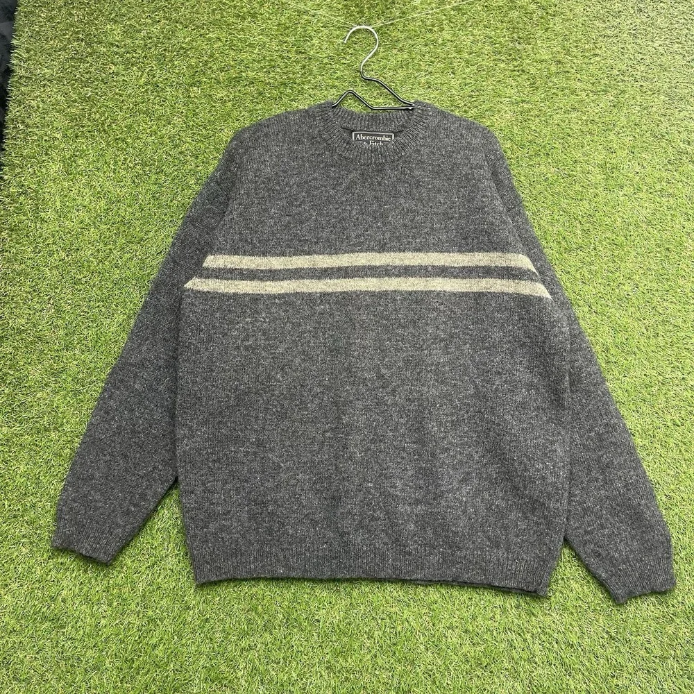 Vintage Abercrombie & Fitch Wool Sweater Mens XL Grey Heavyweight Knit Striped